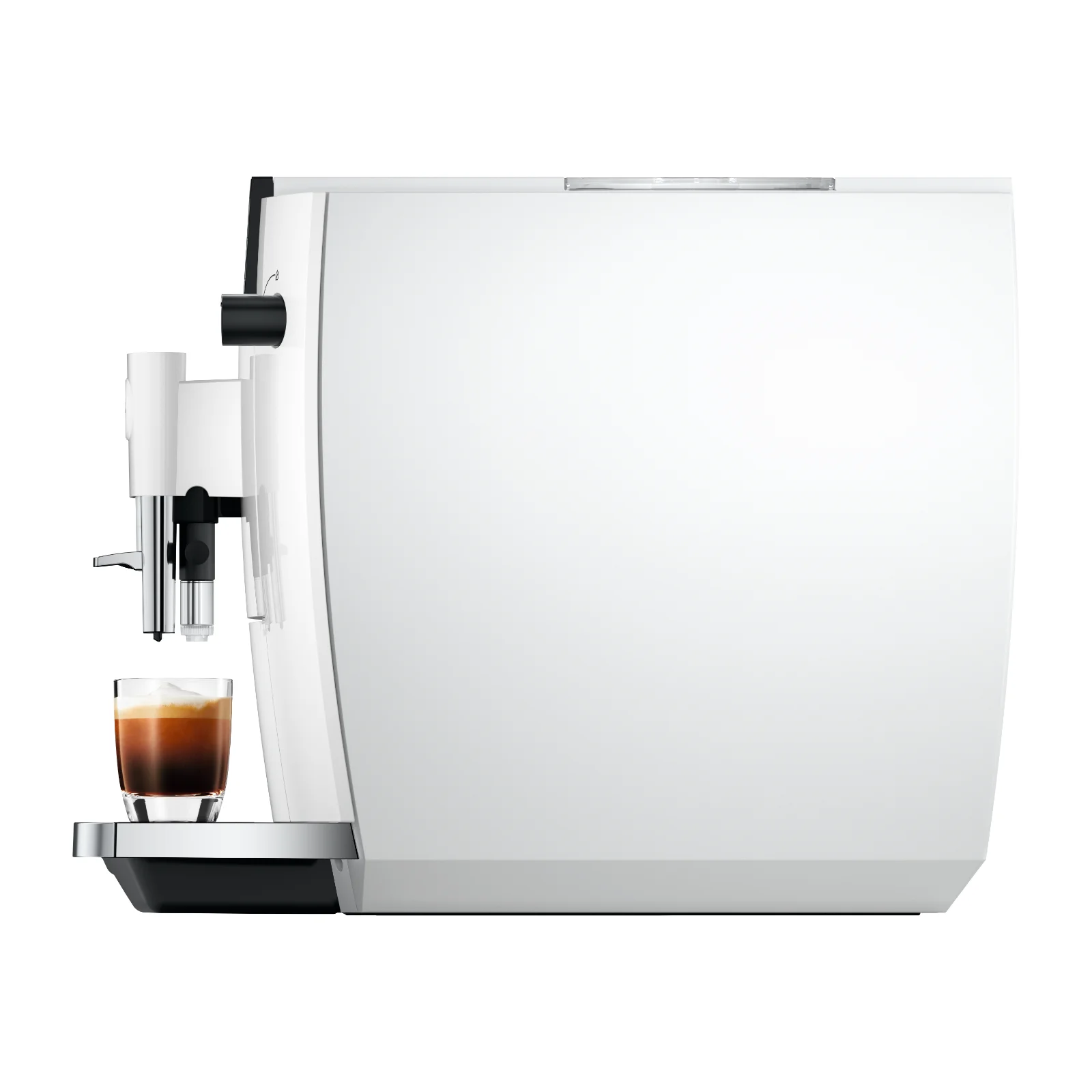 Machine à expresso automatique Jura blanche de profil distribuant un café dans une tasse en verre sur le plateau repose-tasses