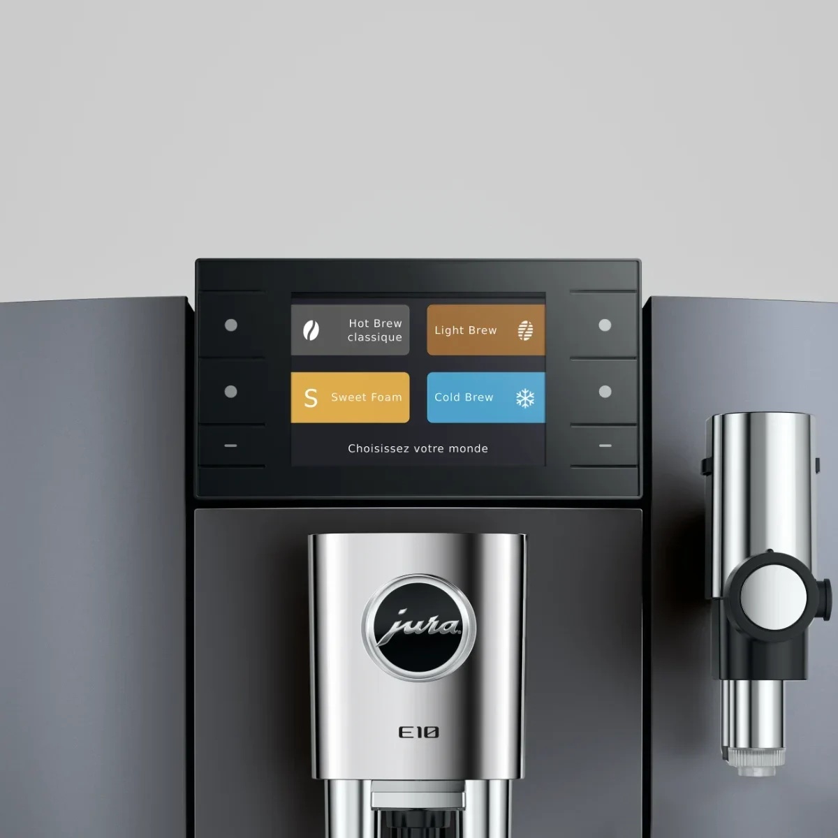 Écran de la machine à café Jura E10 affichant les options Hot Brew, Light Brew, Sweet Foam et Cold Brew pour une sélection intuitive