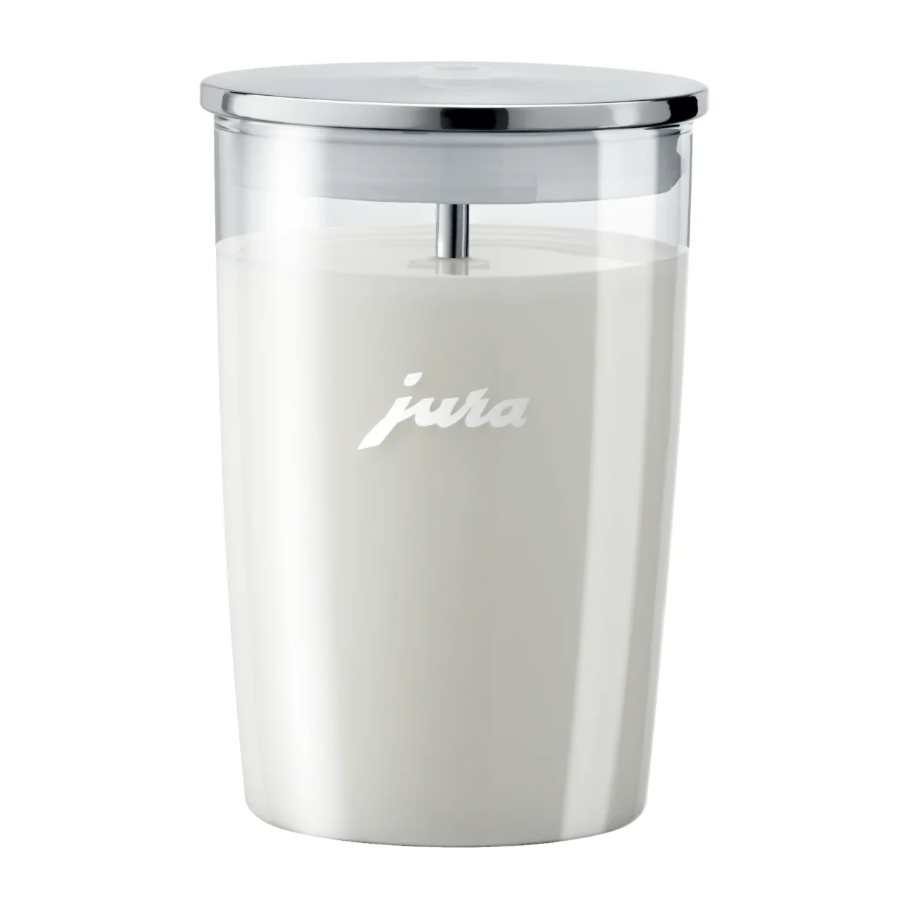 Récipient à lait en verre Jura avec couvercle en acier chromé, idéal pour préparer des spécialités de café onctueuses