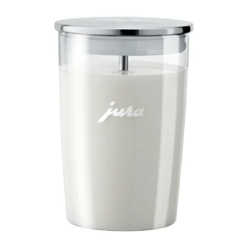 Récipient à lait en verre Jura avec couvercle en acier chromé, idéal pour préparer des spécialités de café onctueuses