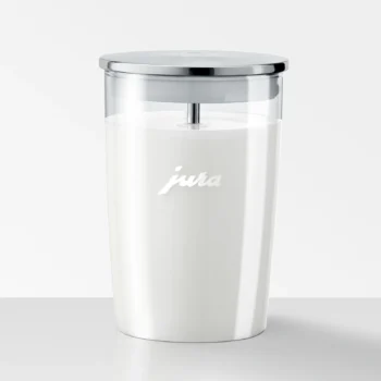 Récipient à lait en verre Jura avec couvercle chromé, conçu pour le stockage et l'utilisation optimale du lait dans les machines à café automatiques