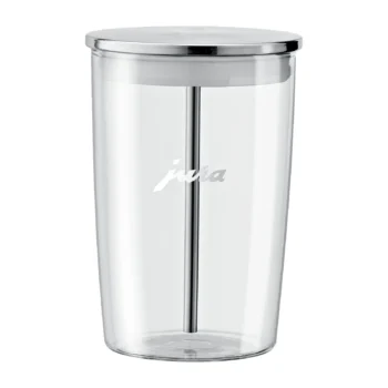 Récipient en verre transparent Jura avec couvercle chromé et tube métallique pour le système de lait d'une machine à café automatique