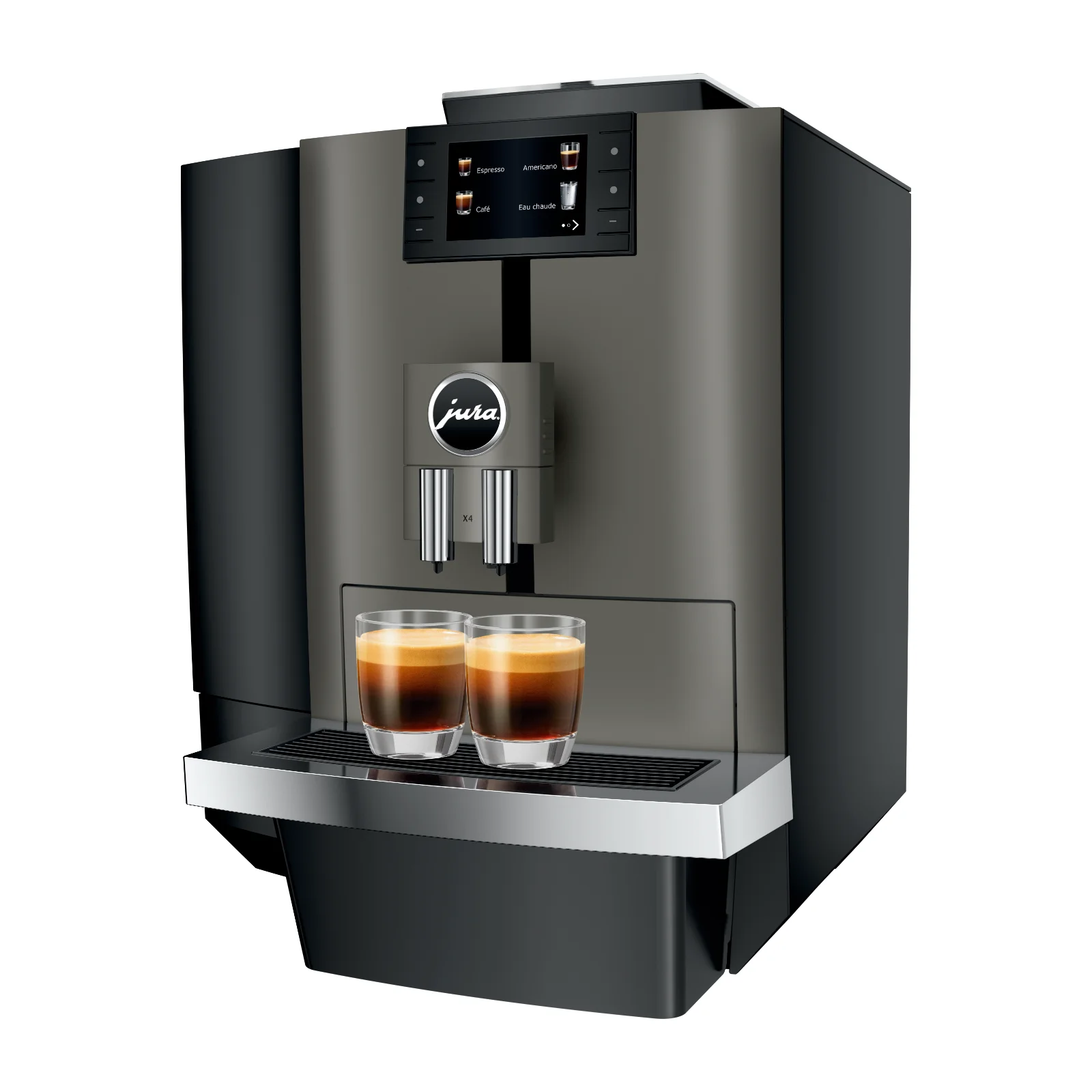 Machine à café automatique Jura X4 gris anthracite avec écran et deux verres d'espresso fraîchement préparés sur le plateau