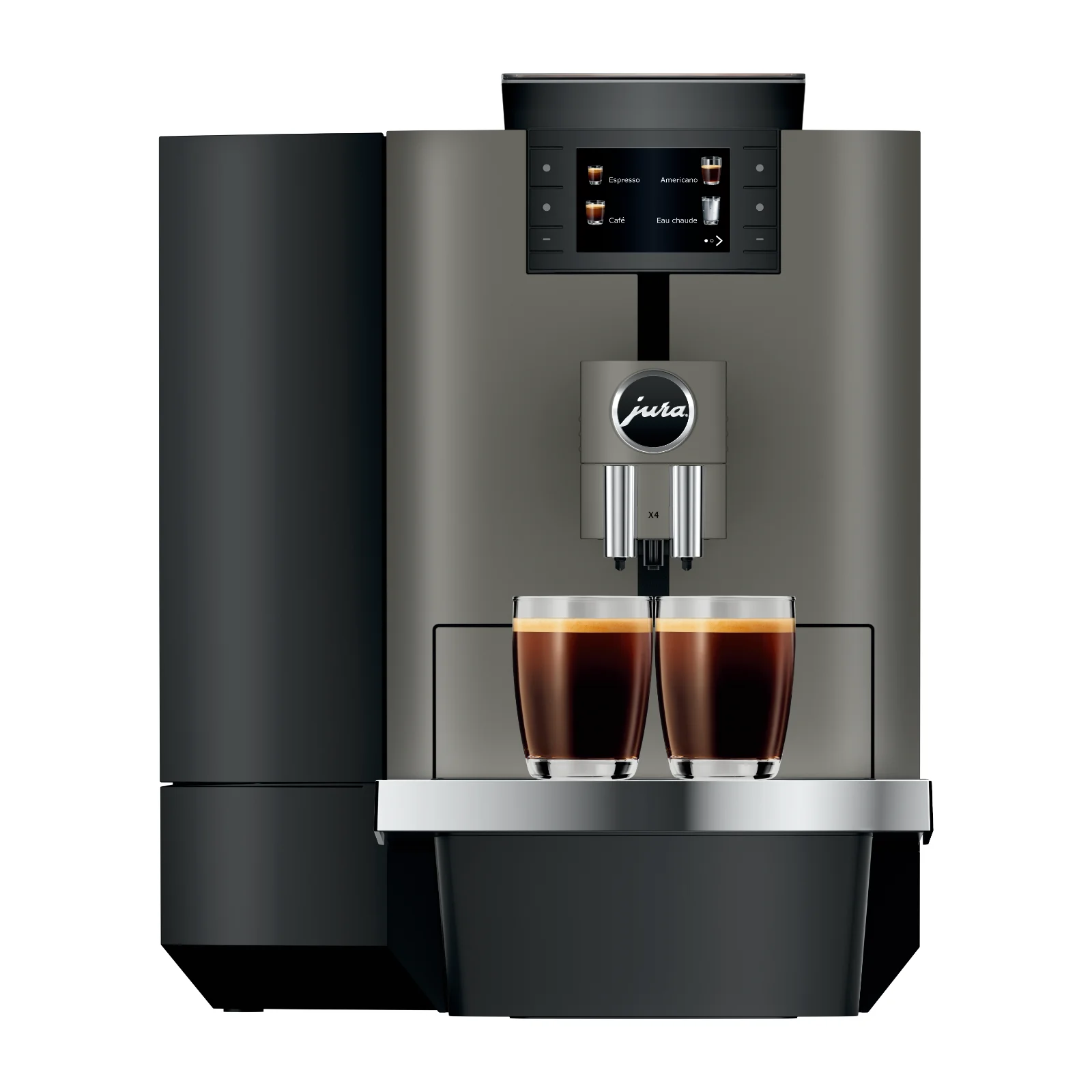 Machine à café automatique Jura X4 gris anthracite préparant deux espressos dans des verres transparents avec écran