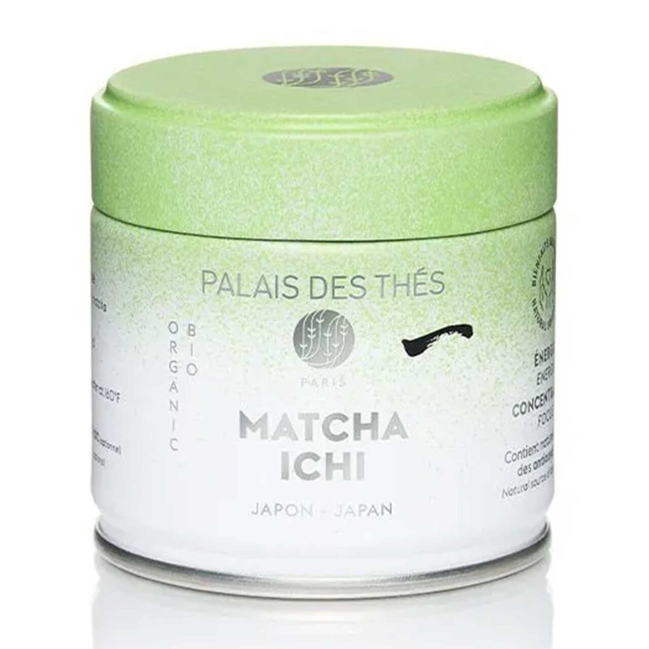 Boîte ronde de matcha Palais des Thés Matcha Ichi bio, en métal blanc et vert, avec couvercle hermétique vert clair