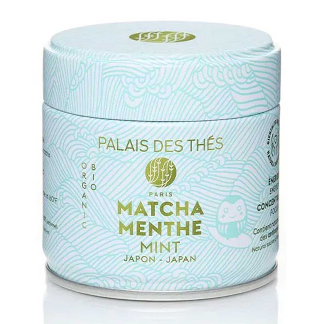 Boîte ronde Palais des thés pour matcha menthe bio 30g, vert menthe et blanc, motifs de vagues japonaises
