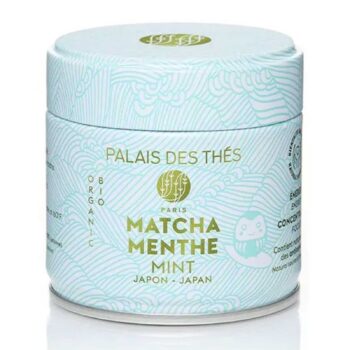 Boîte ronde Palais des thés pour matcha menthe bio 30g, vert menthe et blanc, motifs de vagues japonaises