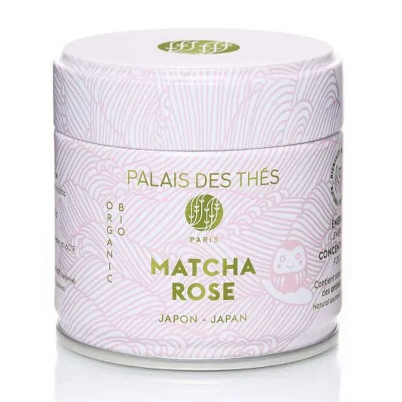 Boîte ronde en métal blanc Palais des Thés, motif rose pâle, mentions matcha bio et origine Japon.