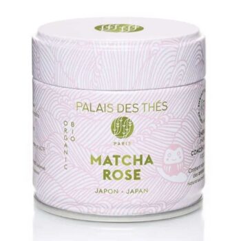Boîte ronde en métal blanc Palais des Thés, motif rose pâle, mentions matcha bio et origine Japon.