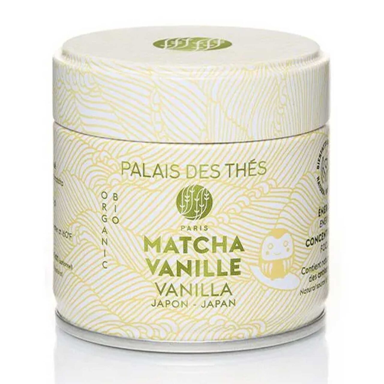 Boîte cylindrique en métal Palais des Thés, décor blanc cassé et jaune doré, pour Matcha Vanille bio 30 g