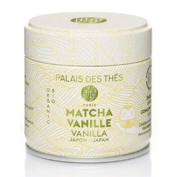 Boîte cylindrique en métal Palais des Thés, décor blanc cassé et jaune doré, pour Matcha Vanille bio 30 g
