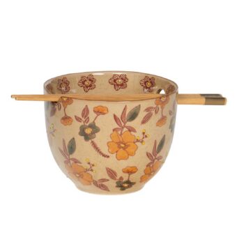 Bol Aveline en grès beige moucheté, motif floral, avec baguettes en bambou clair.