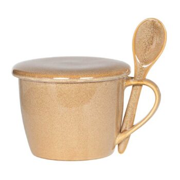 Bol à soupe Bastide Elyas beige en céramique, 75 cl, avec couvercle et cuillère intégrée, sur fond blanc.