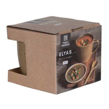 Bol à soupe Table Passion Elyas de 75 cl dans son emballage en carton avec une illustration montrant le bol rempli de soupe et croûtons