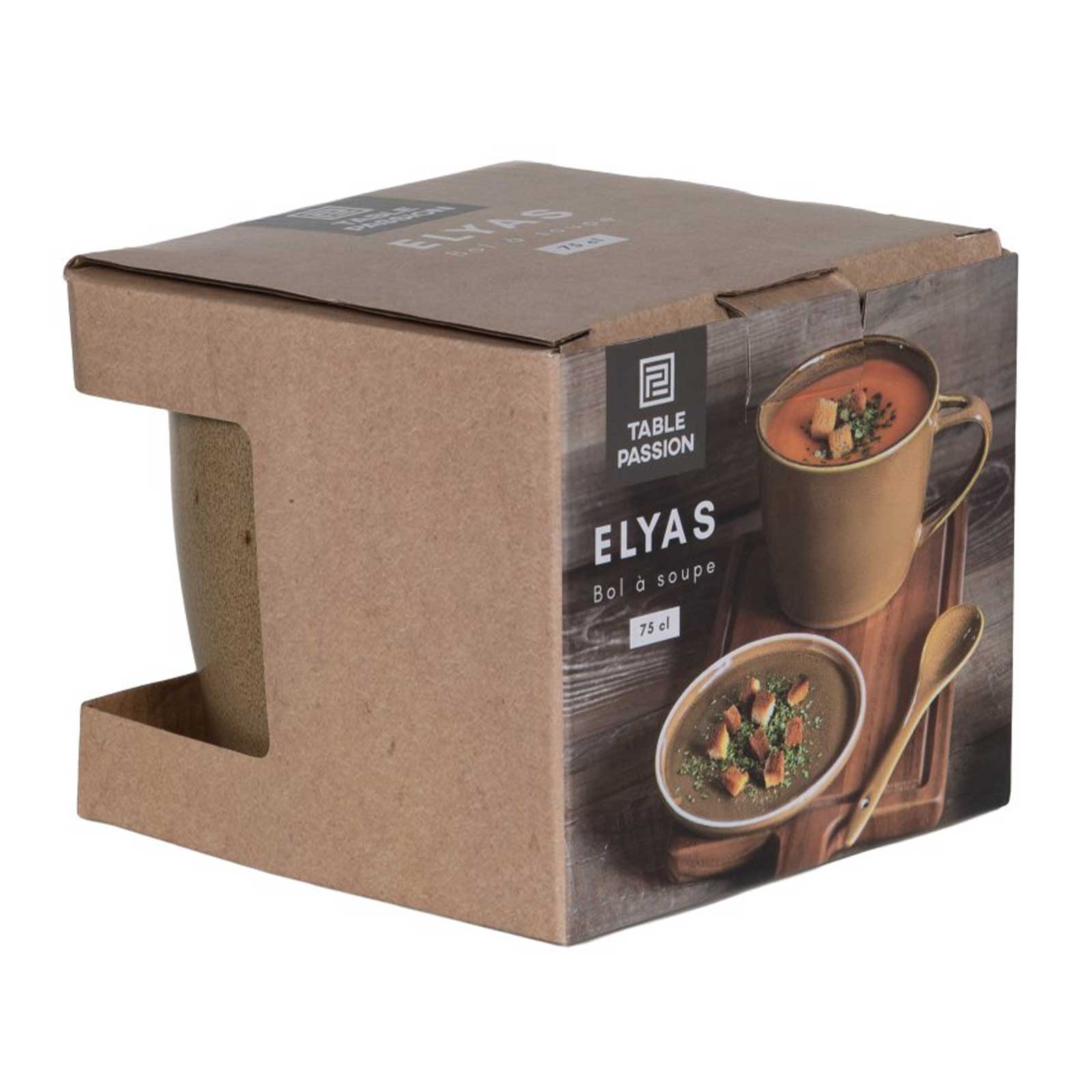 Bol à soupe Table Passion Elyas de 75 cl dans son emballage en carton avec une illustration montrant le bol rempli de soupe et croûtons