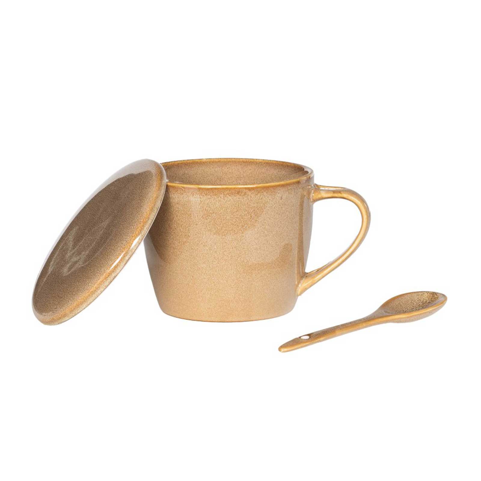 Bol en céramique beige avec couvercle assorti et petite cuillère, design élégant pour la dégustation de soupes et potages