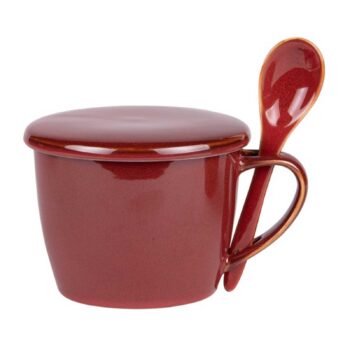 Bol à soupe Bastide Elyas rouge brillant de 75 cl, avec couvercle et cuillère intégrée, en céramique.