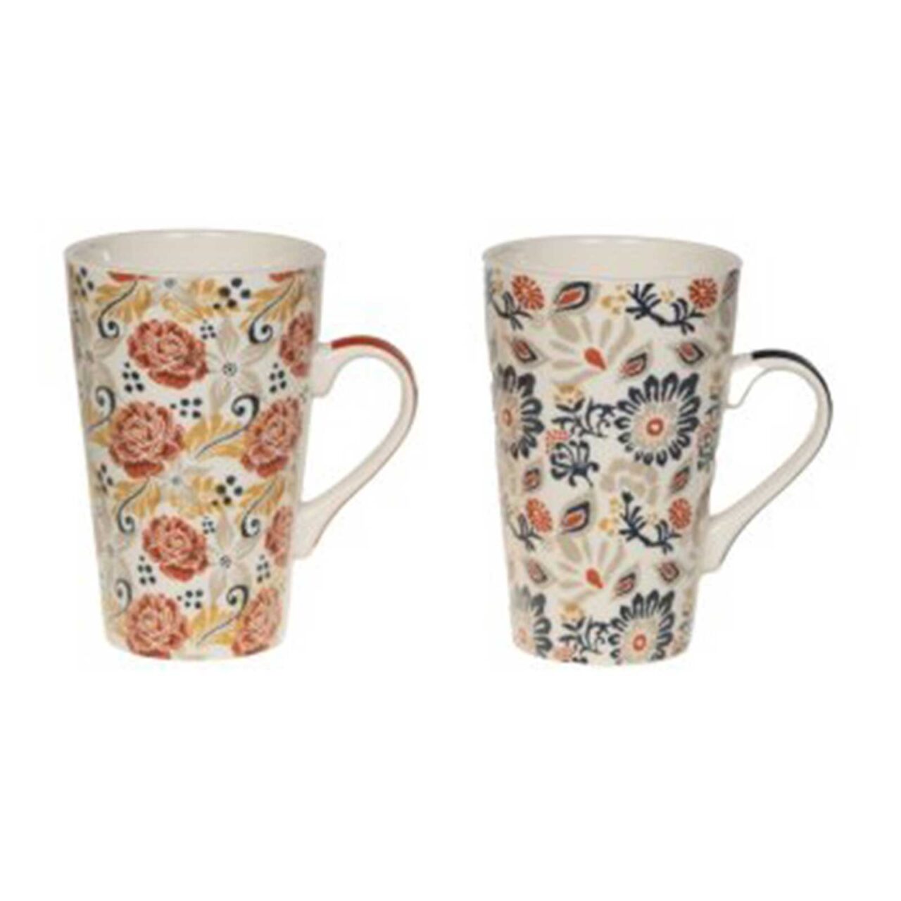 Duo de mugs Bastide Ornella en porcelaine blanche, motifs floraux multicolores, anses colorées, fond blanc