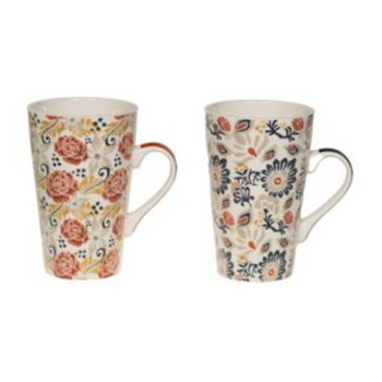 Duo de mugs Bastide Ornella en porcelaine blanche, motifs floraux multicolores, anses colorées, fond blanc