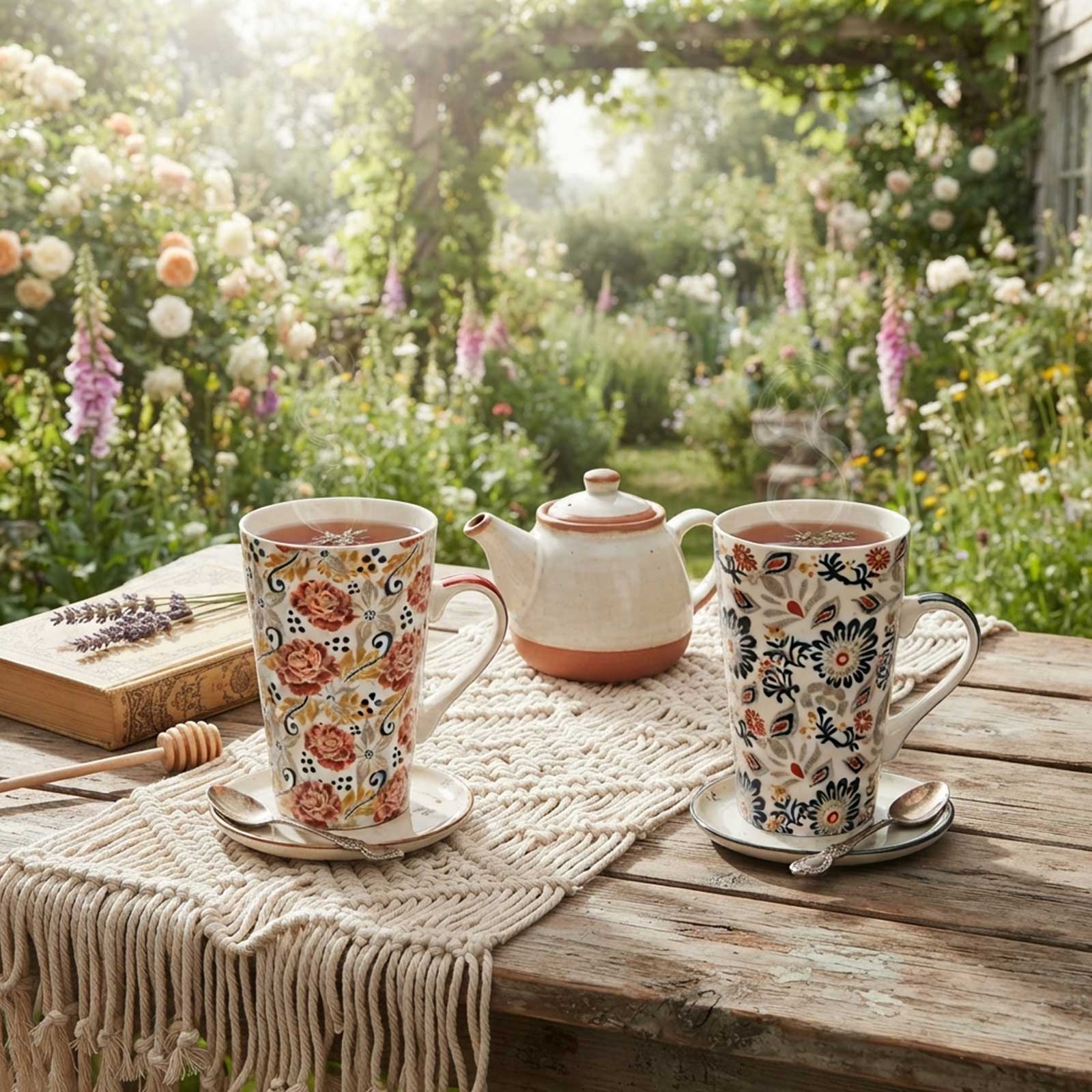 Deux grands mugs à motifs floraux colorés accompagnés d'une théière en céramique sur une table en bois dans un jardin fleuri pour un tea time.