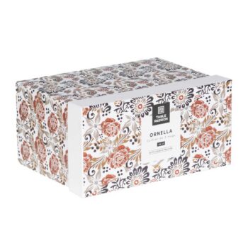 Coffret cadeau Table Passion contenant deux mugs en porcelaine blanche ornés d'un motif floral élégant dans des tons orangés et gris