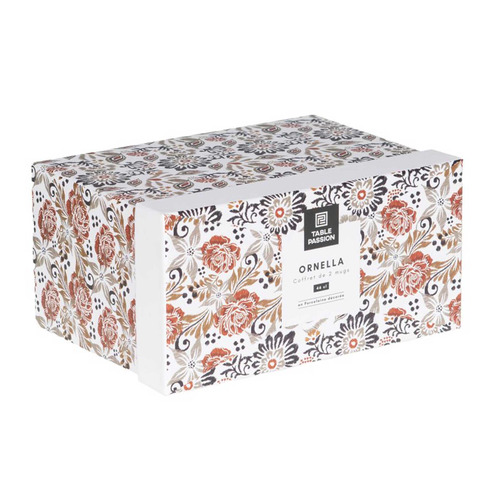 Coffret cadeau Table Passion contenant deux mugs en porcelaine blanche ornés d'un motif floral élégant dans des tons orangés et gris