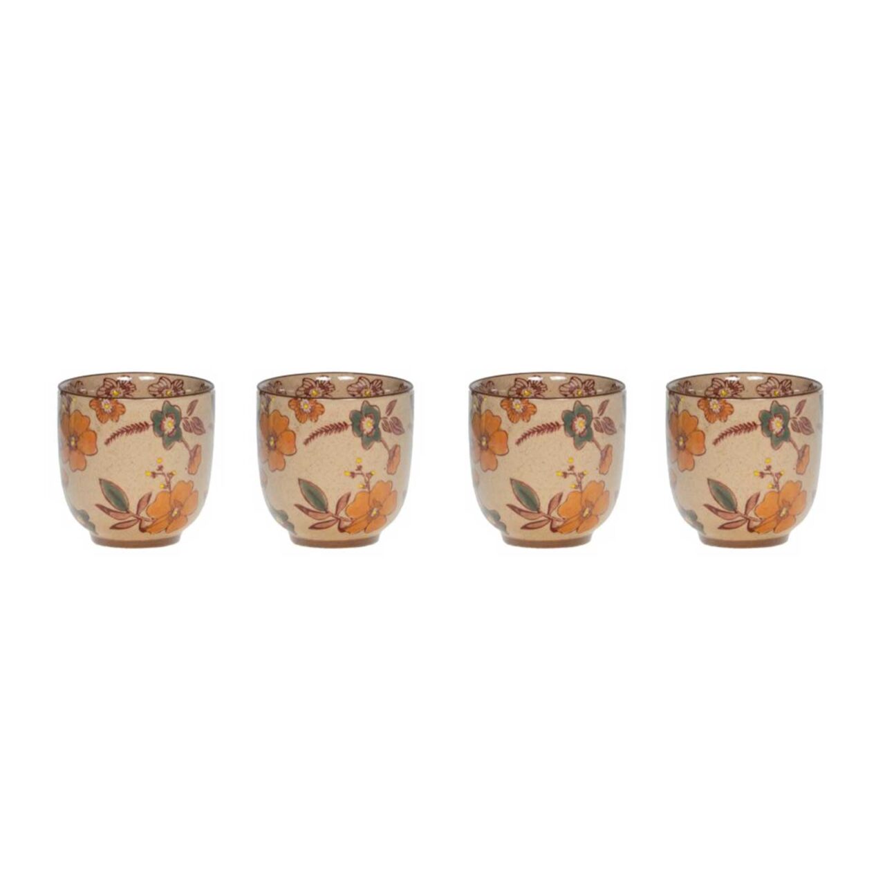 Coffret de quatre gobelets Aveline en grès artisanal, 7 cm, décor floral rétro orangé, jaune et vert, finition vernissée