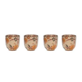 Coffret de quatre gobelets Aveline en grès artisanal, 7 cm, décor floral rétro orangé, jaune et vert, finition vernissée
