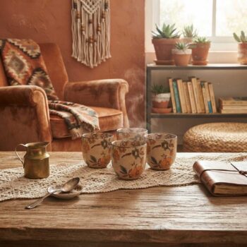 Quatre tasses à café en céramique décorées de motifs floraux disposées sur un chemin de table en macramé avec une théière en laiton et un carnet