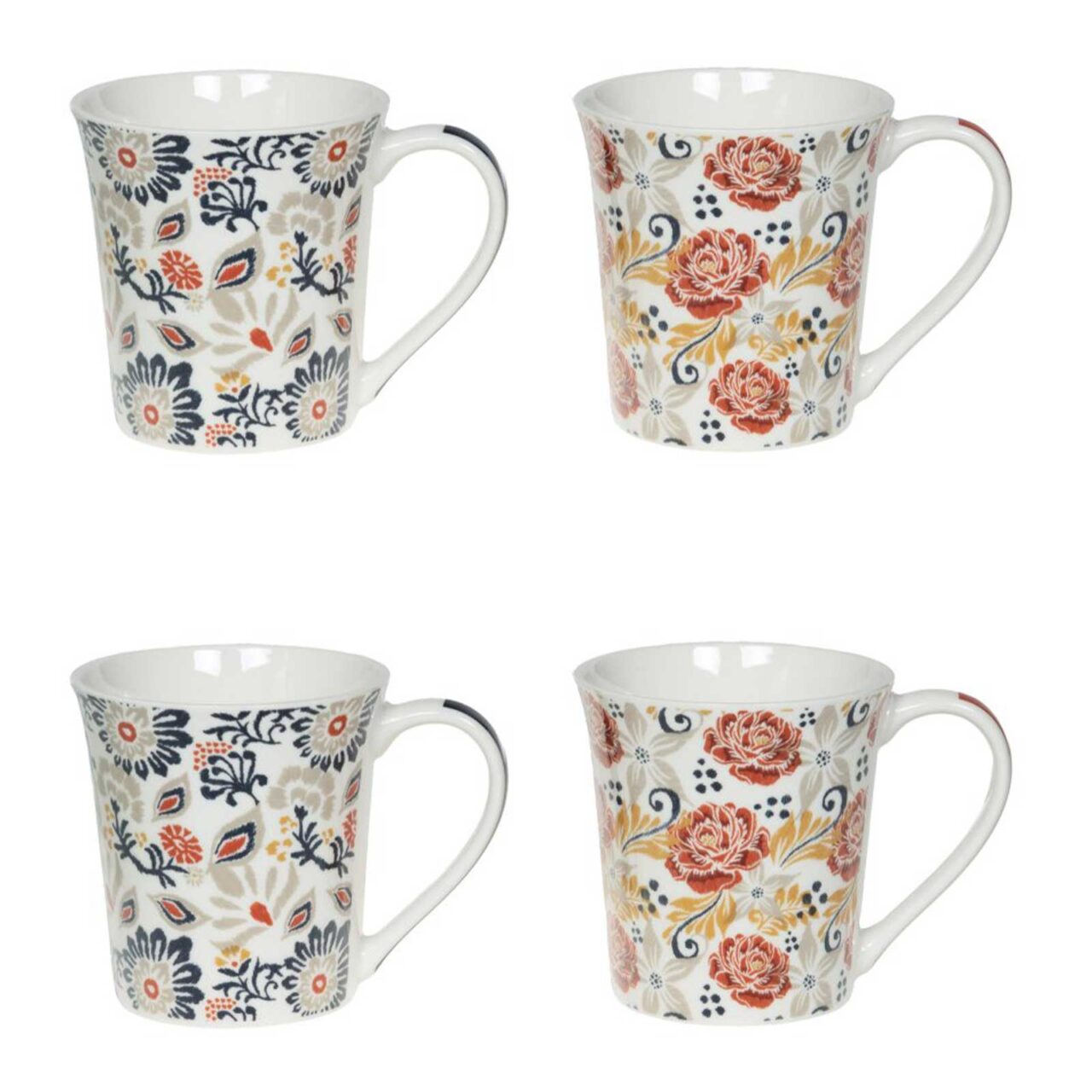 Coffret Bastide Ornella, quatre mugs en porcelaine blanche de 35 cl, motifs floraux et graphiques colorés