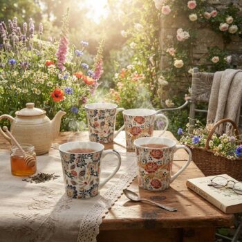 Quatre mugs en porcelaine aux motifs floraux colorés disposés sur une table en bois rustique avec une théière et un pot de miel dans un jardin fleuri