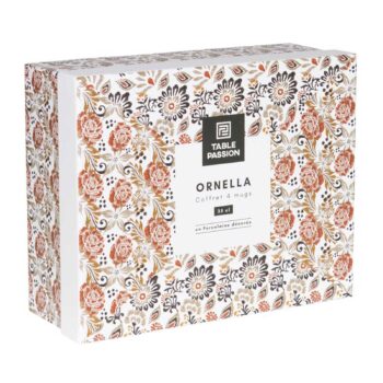 Coffret de quatre mugs Ornella de la marque Table Passion, présentés dans un emballage rectangulaire en porcelaine décorée avec des motifs floraux