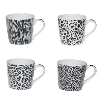 Quatre mugs Bastide en porcelaine blanche, motifs zèbre et léopard noir et blanc, 40 cl