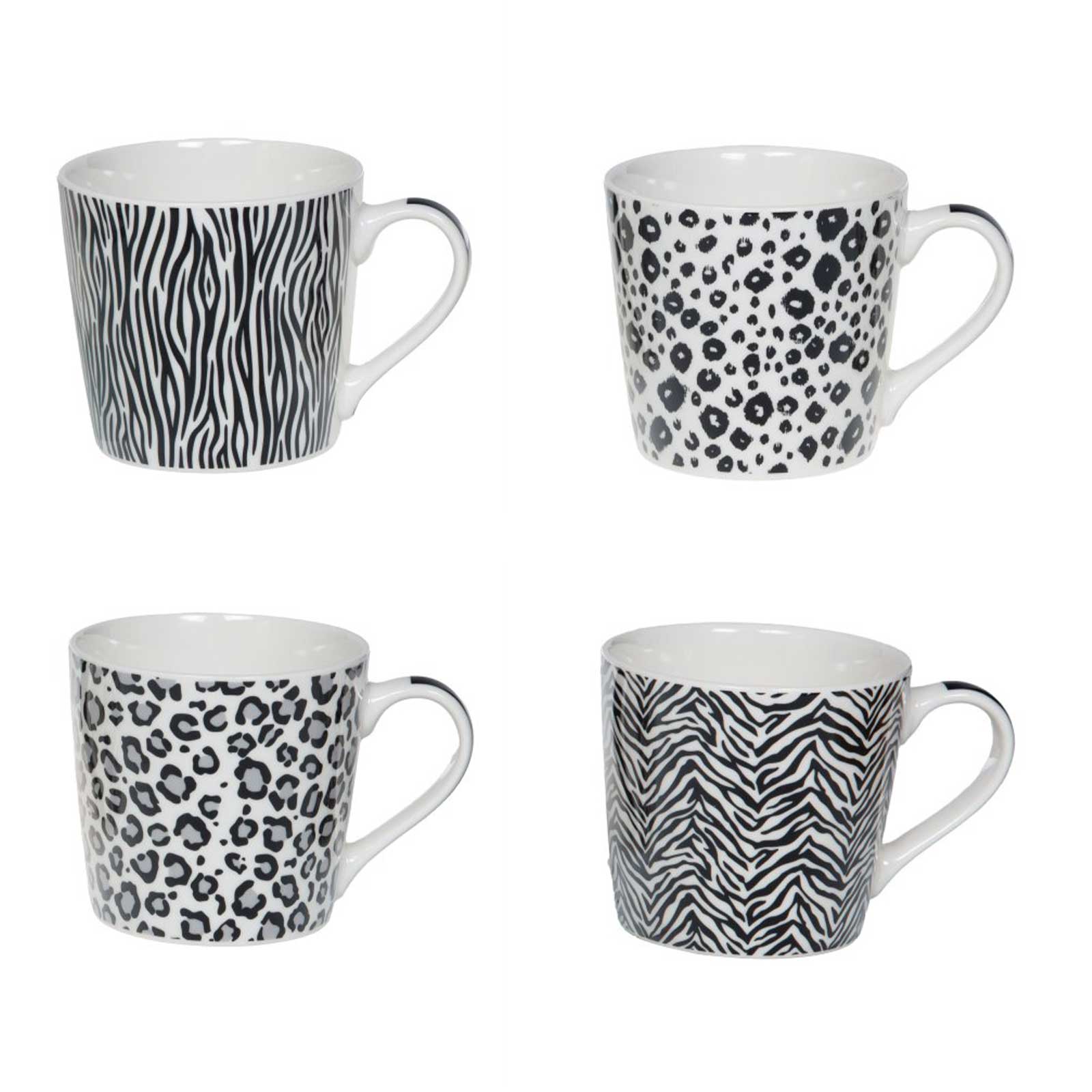 Quatre mugs Bastide en porcelaine blanche, motifs zèbre et léopard noir et blanc, 40 cl