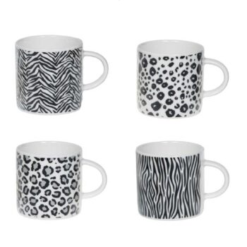 Coffret Bastide de quatre tasses en porcelaine blanche 16 cl, motifs zèbre et léopard noir et blanc
