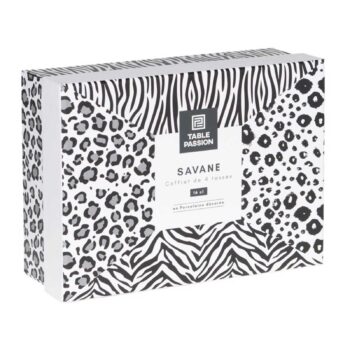 Coffret de quatre tasses Savane par Table Passion, dans une boîte rectangulaire décorée d'imprimés animaliers zèbre et léopard noir et blanc