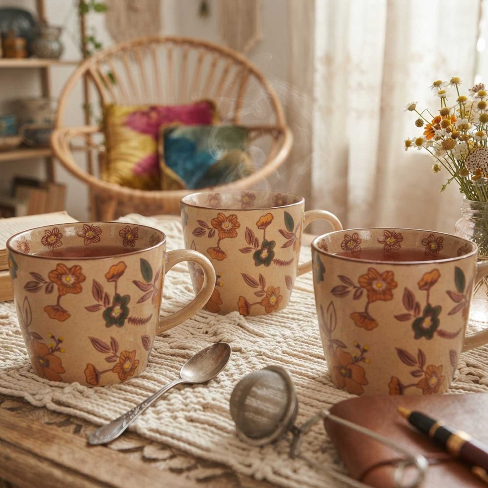 Trois tasses en céramique à motif floral champêtre posées sur un napperon en macramé avec une petite cuillère et un infuseur à thé