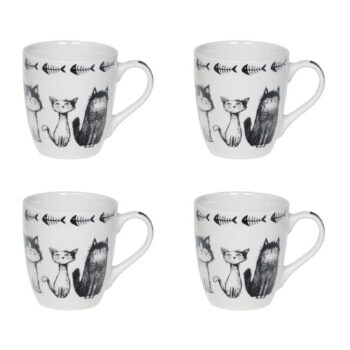 Coffret Bastide de quatre tasses Felix 23cl en porcelaine blanche, chats noirs et blancs et frise d’arêtes de poisson