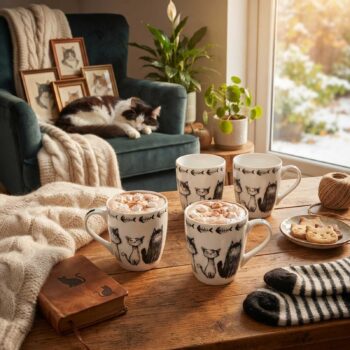Mugs en céramique ornés de motifs de chats et d'arêtes de poisson, remplis de chocolat chaud sur une table en bois près d'un chat endormi