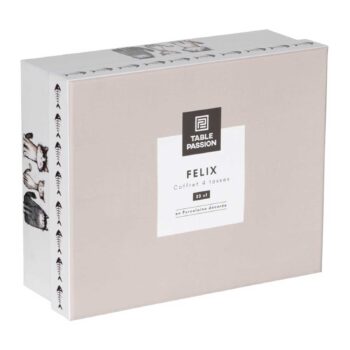 Coffret cadeau Table Passion Felix contenant 4 tasses en porcelaine décorée de 23 cl, présenté dans une boîte blanche illustrée de motifs de chats