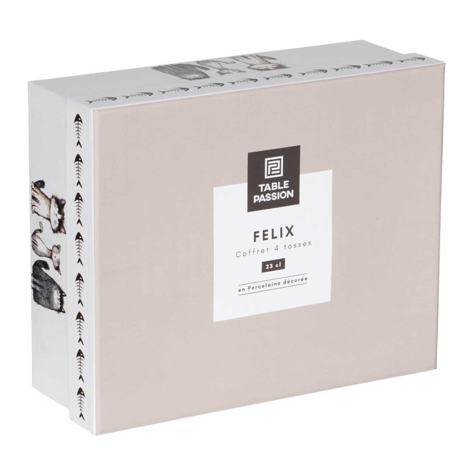 Coffret cadeau Table Passion Felix contenant 4 tasses en porcelaine décorée de 23 cl, présenté dans une boîte blanche illustrée de motifs de chats