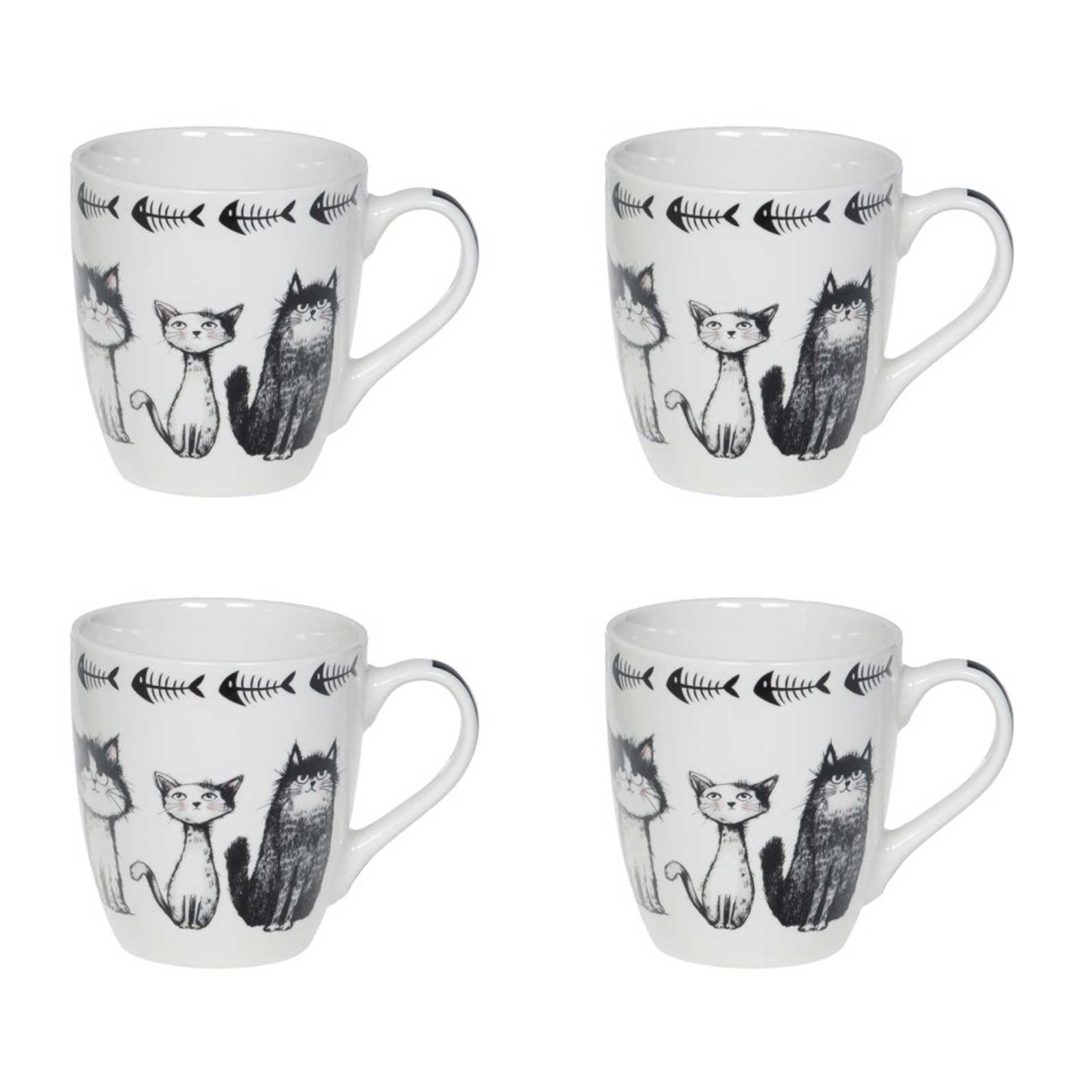 Coffret Bastide de quatre tasses Felix 23cl en porcelaine blanche, chats noirs et blancs et frise d’arêtes de poisson