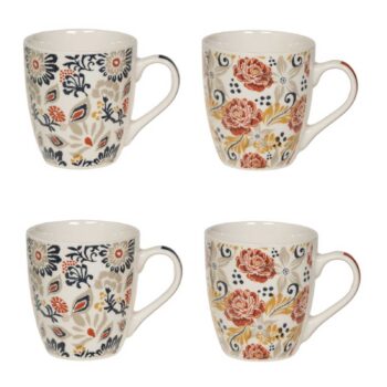 Coffret Bastide Ornella de quatre tasses en porcelaine 23 cl, motifs floraux rouille et graphiques bleus, anses blanches.
