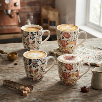 Quatre tasses en céramique à motifs floraux remplies de café chaud sur une table en bois rustique avec des grains de café et des morceaux de sucre