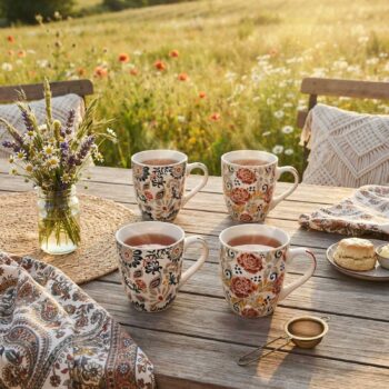 Quatre tasses en céramique à motifs floraux sur une table en bois en extérieur, accompagnées d'un bouquet de fleurs sauvages et d'un biscuit