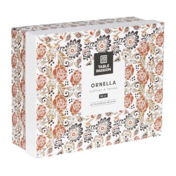Coffret de quatre tasses en porcelaine décorée Ornella par Table Passion, présenté dans une boîte rectangulaire au motif floral aux tons orangés