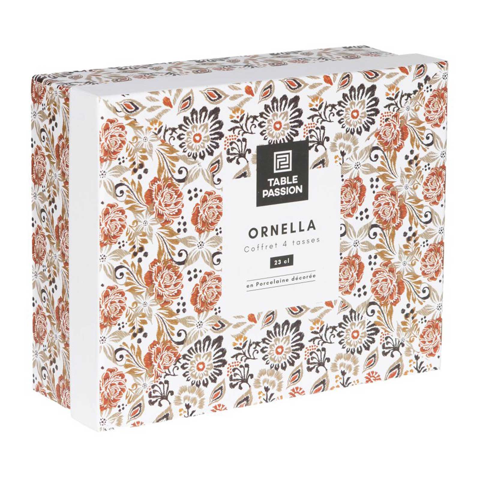 Coffret de quatre tasses en porcelaine décorée Ornella par Table Passion, présenté dans une boîte rectangulaire au motif floral aux tons orangés