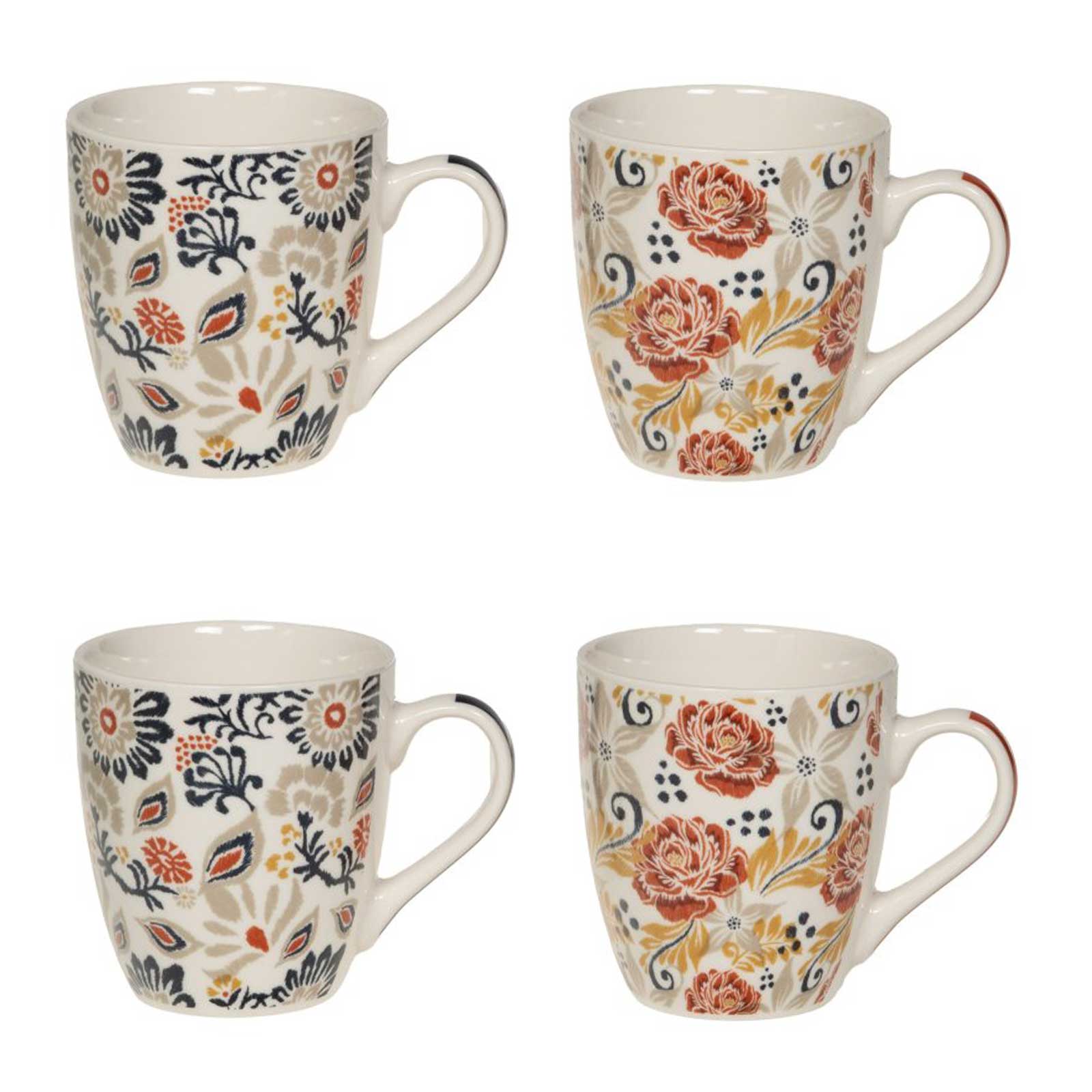 Coffret Bastide Ornella de quatre tasses en porcelaine 23 cl, motifs floraux rouille et graphiques bleus, anses blanches.