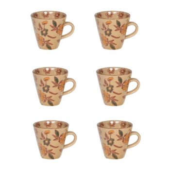 Coffret Bastide Aveline de 6 tasses en grès beige, motif floral rétro ocre et vert, 17 cl, sur fond blanc