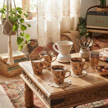 Tasses en grès décorées de motifs floraux automnaux disposés sur une table en bois avec un filtre à café en céramique et des cuillères